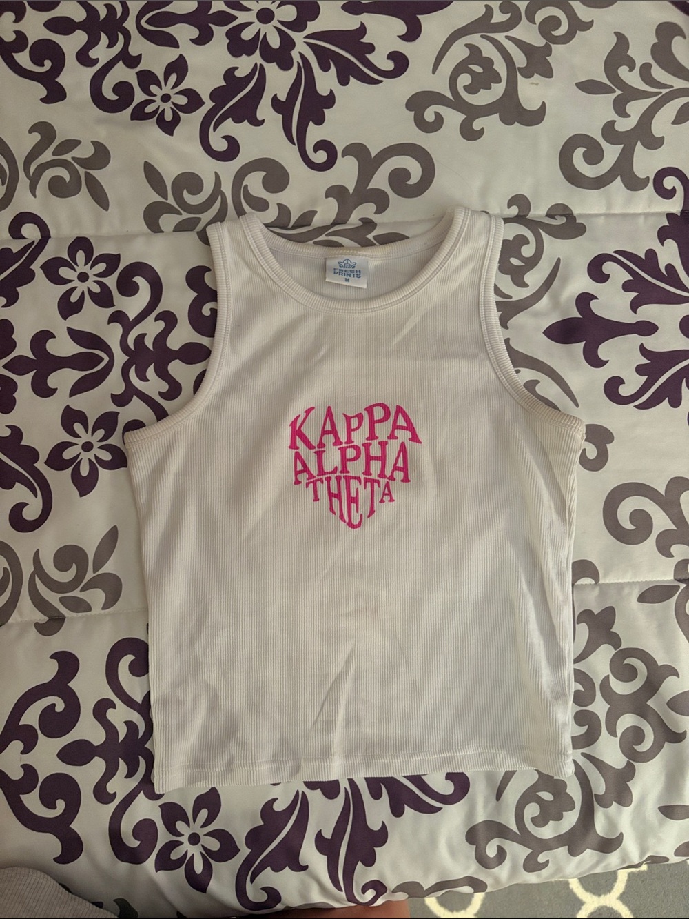 White Ribbed Tank Top with Pink Kappa Alpha Theta Logo
